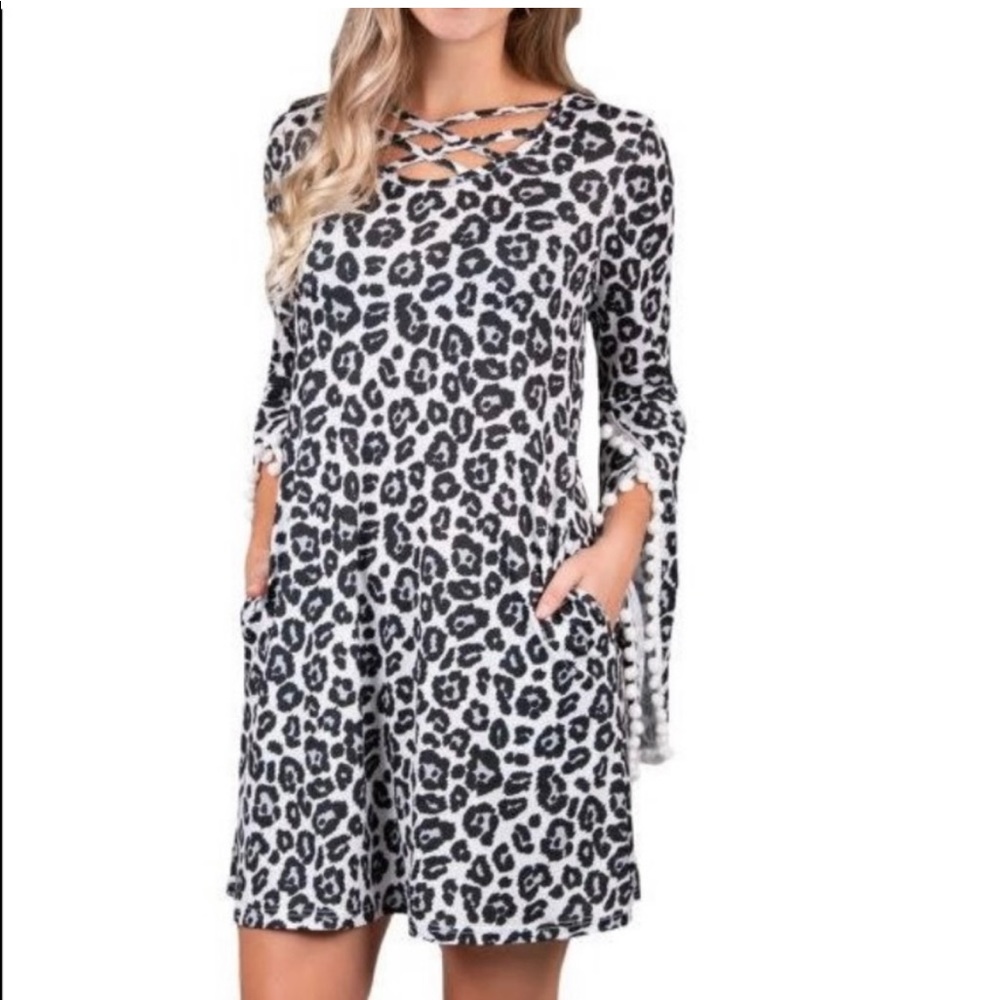 Simply southern gray leopard criss cross pom dress large NWT